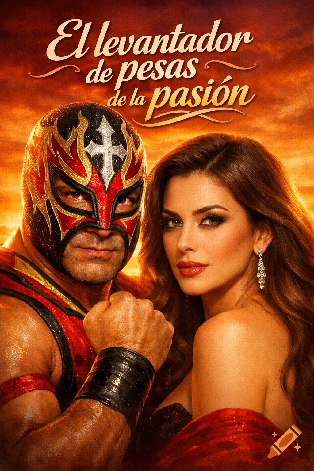 Masked Lucha Libre wrestler and glamorous woman pose on a dramatic orange background, with the Spanish title 'El levantador de pesas de la pasi f3n'.