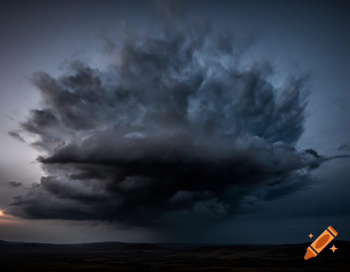 A dramatic, dark storm cloud looms over a dark, barren landscape at ...