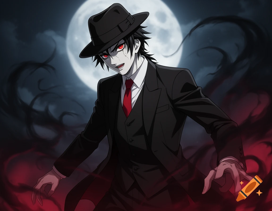 Anime-style character with pale skin, red eyes, black suit, and fedora, with red smoke around his hands against a full moon.