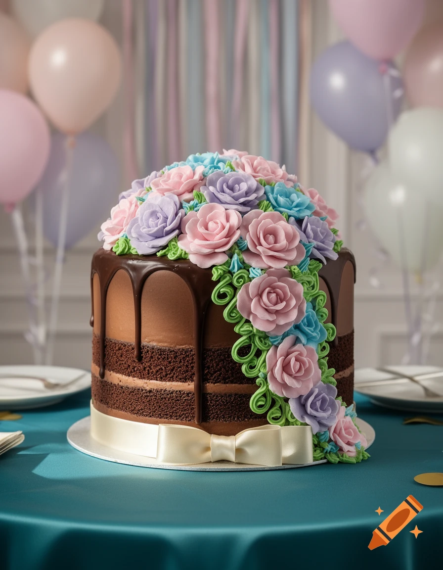 A chocolate birthday cake with pastel frosting flowers and chocolate drip, on a teal table with blurred balloons.