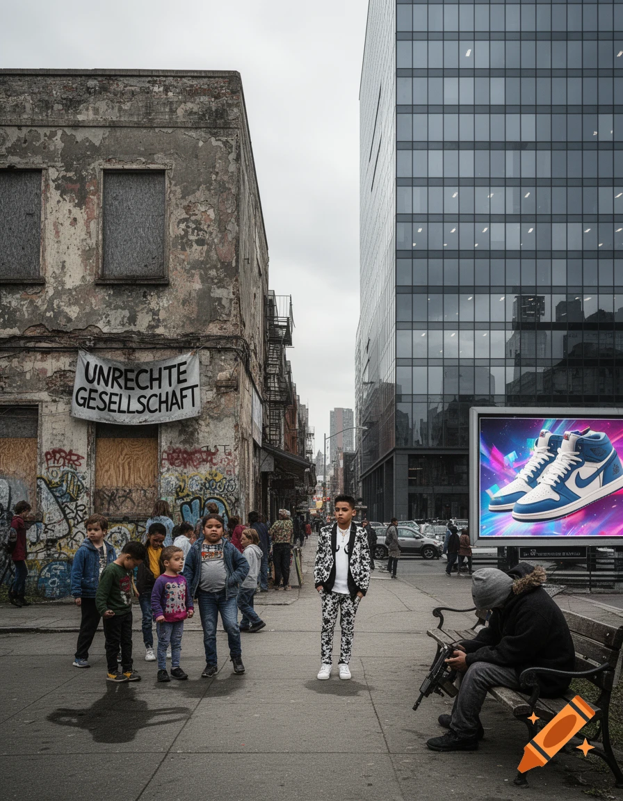 Urban street scene with children, a man holding a rifle on a bench, a banner reading 'UNRECHTE GESELLSCHAFT', and a glowing billboard with sneakers.