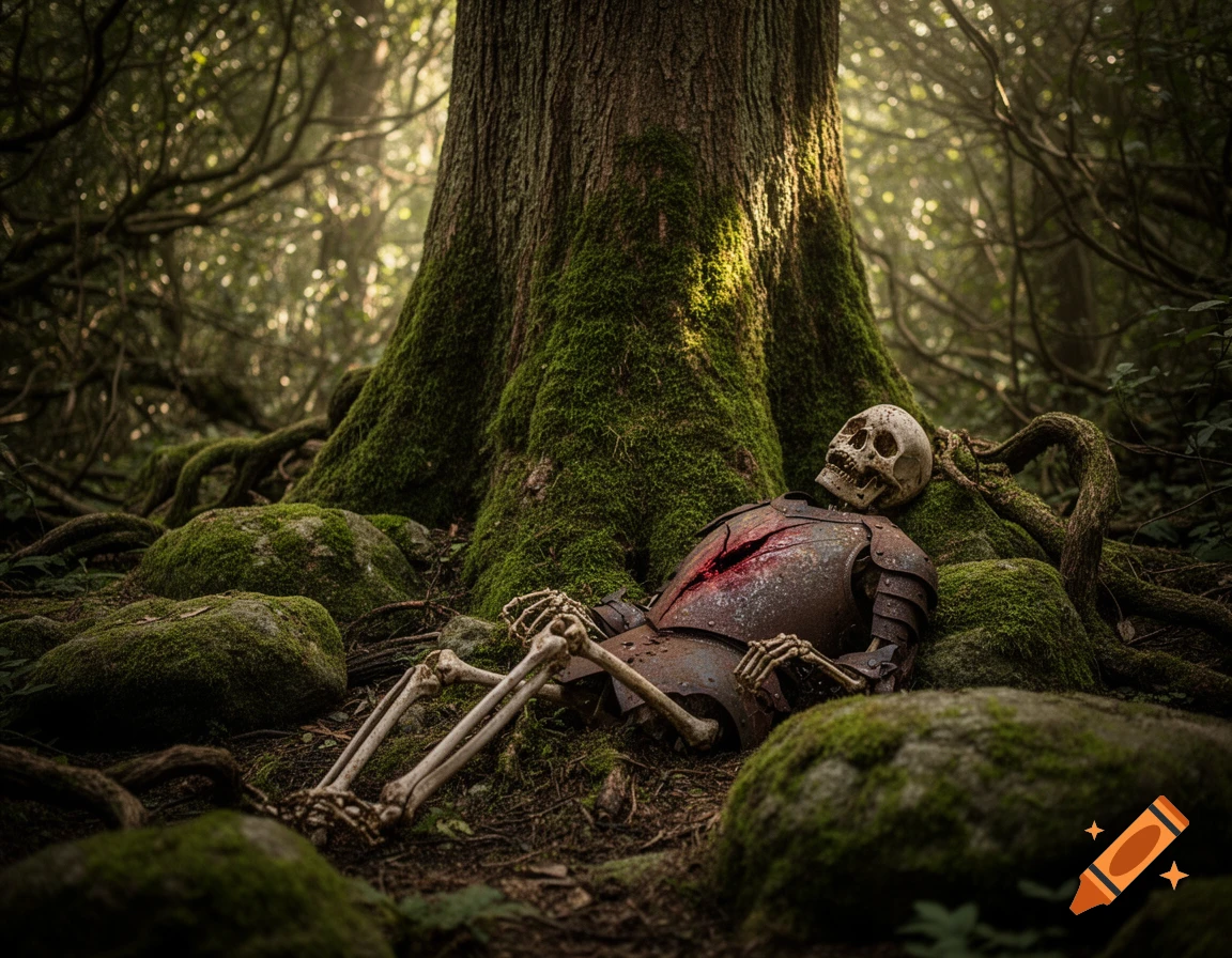 A mossy skeleton knight with a bloody chest wound lies at the base of a moss-covered tree in a dark forest.