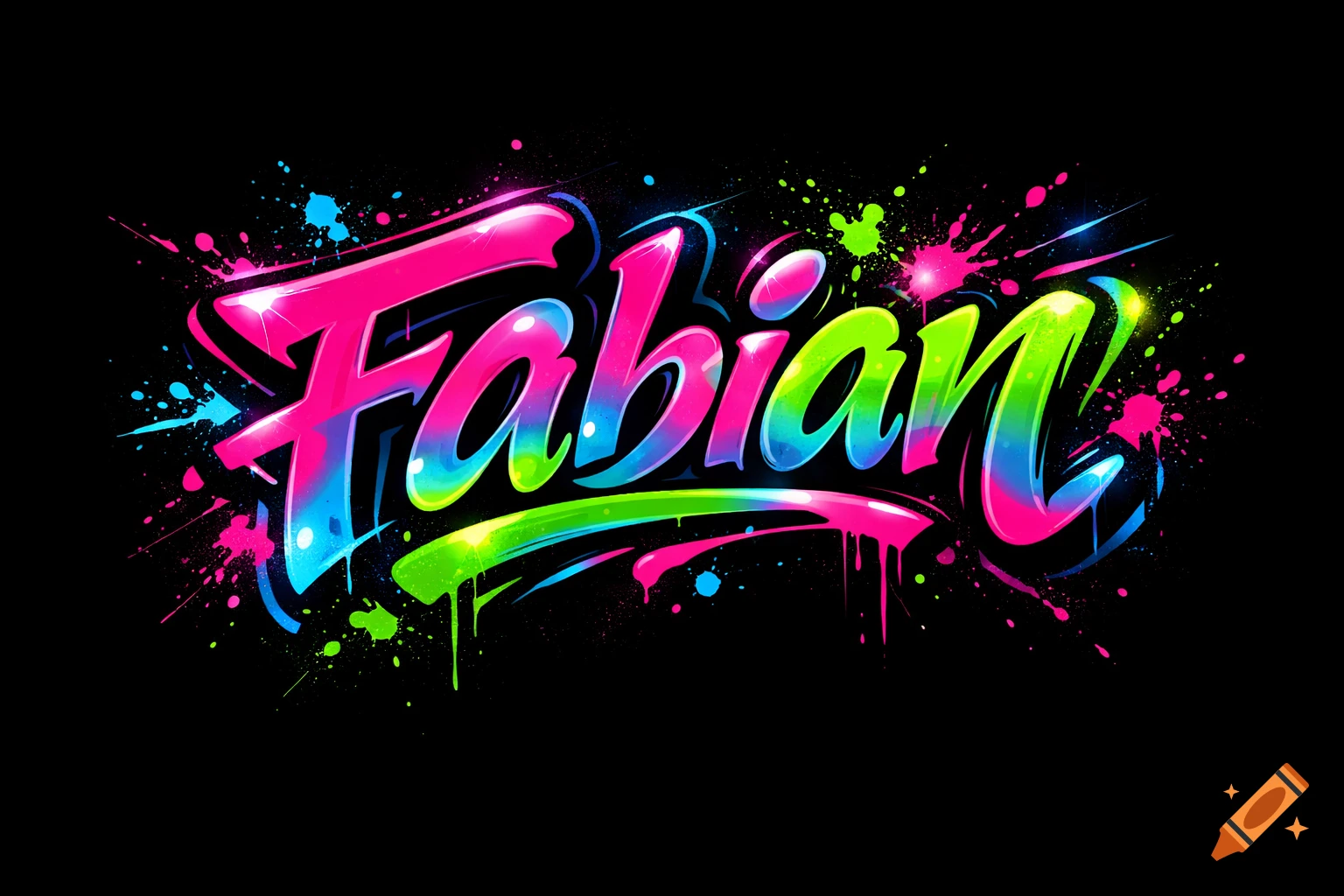 Graffiti art of the name Fabian in vibrant neon pink, blue, and green on a black background with colorful paint splatters.