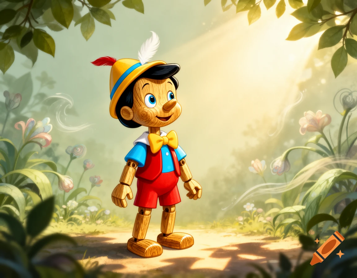 A vibrant illustration of Pinocchio, a wooden puppet, in a magical ...