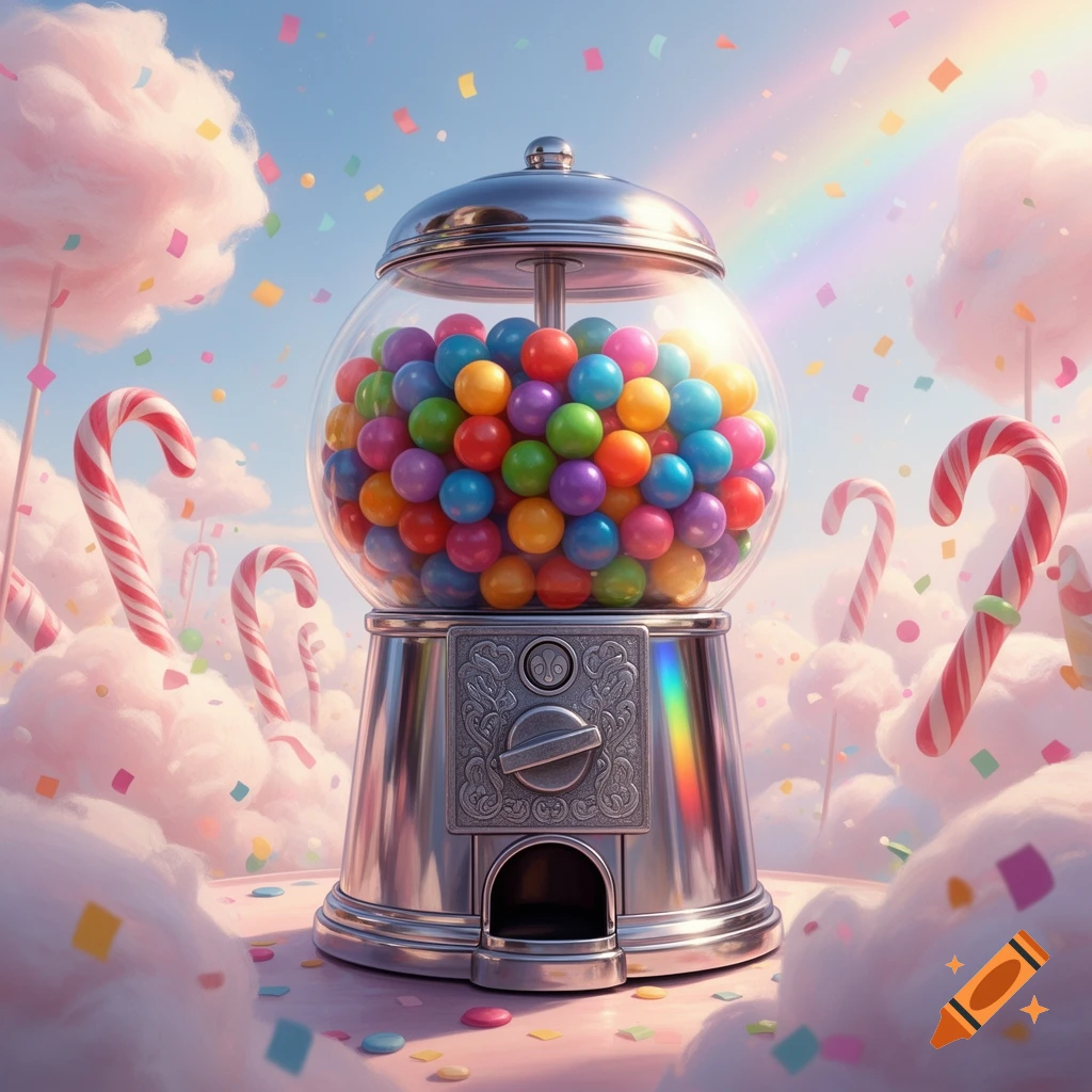 A shiny gumball machine filled with colorful candies, surrounded by pink cotton candy clouds, candy canes, confetti, and a rainbow in a sunny, fantastical setting.