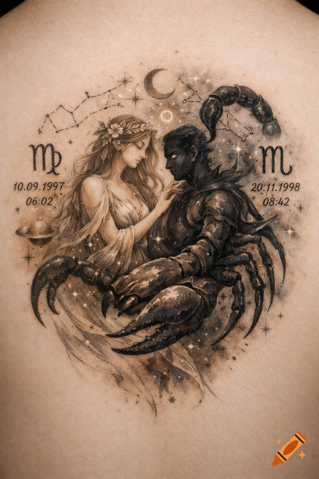 A detailed tattoo on skin of a woman and a dark, armored man representing Virgo and Scorpio zodiac signs, surrounded by constellations and birth dates.