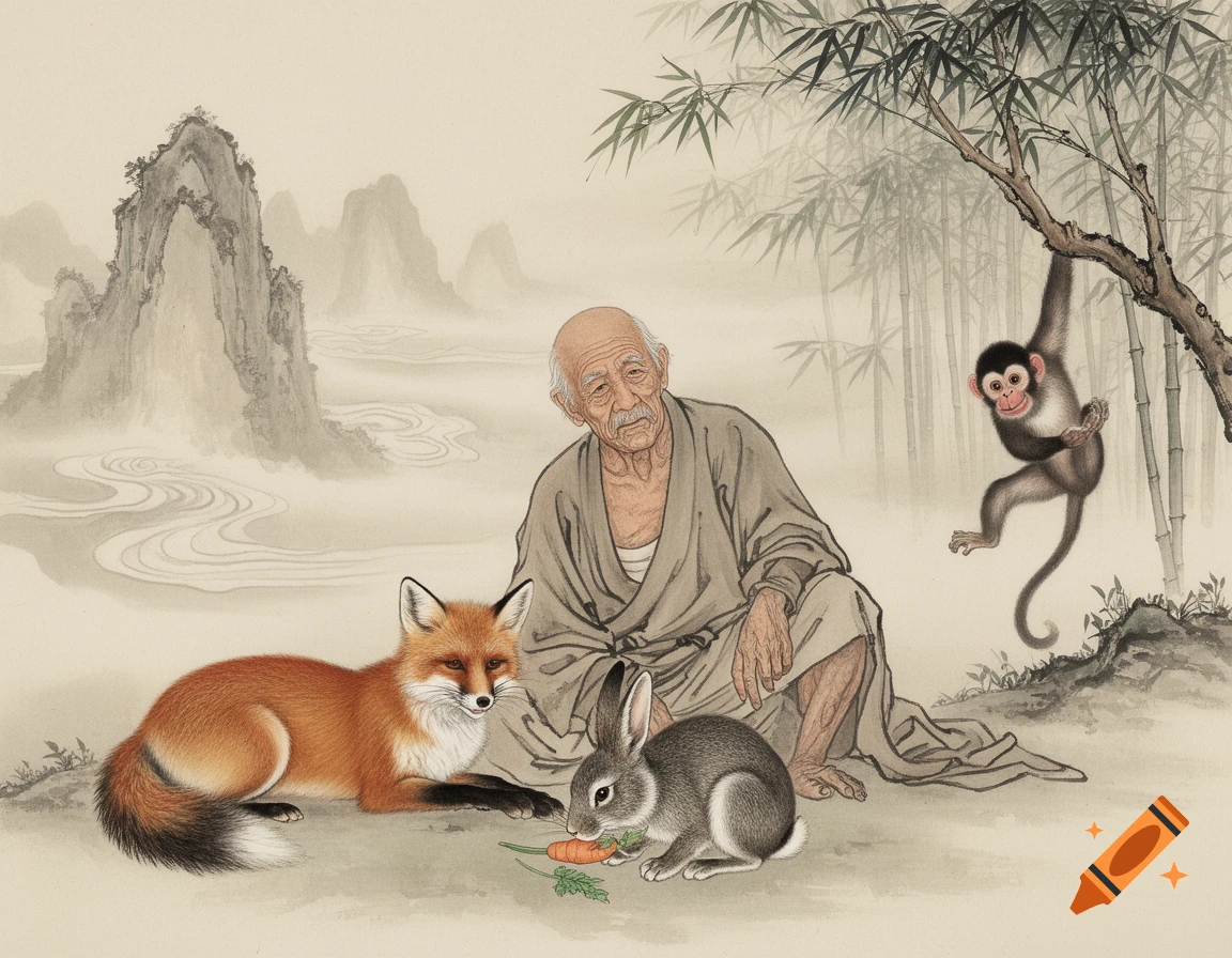 Traditional Chinese painting of an old man with a fox, a rabbit, and a monkey in a bamboo forest with mountains and a river.