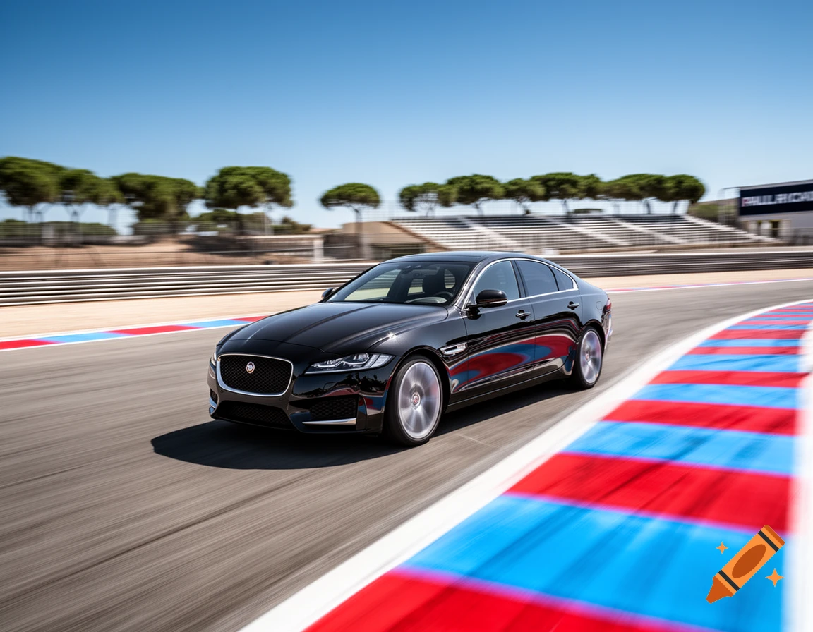 A black Jaguar car speeding around a red and blue striped turn on the Paul Ricard race track under a clear blue sky.