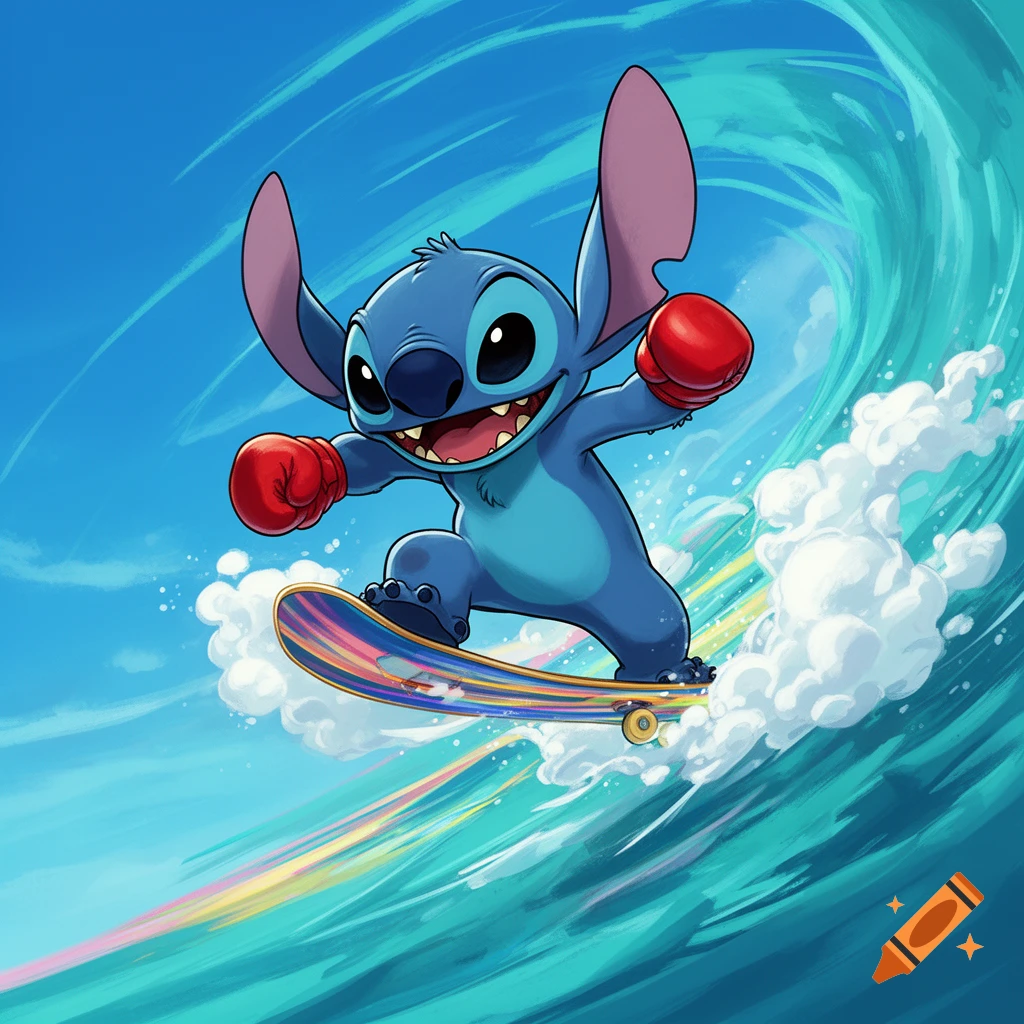 Stitch, wearing red boxing gloves, enthusiastically surfs on a rainbow-colored skateboard down a large blue wave under a clear sky.