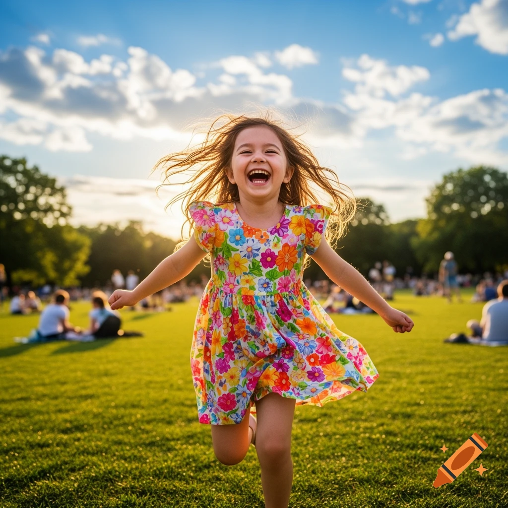A joyful young girl with flowing hair runs and laughs in a sunny park, wearing a colorful floral dress.