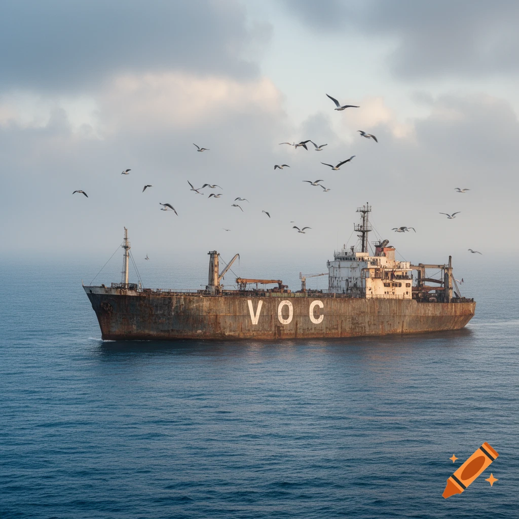 A photorealistic rusty cargo ship with 'VOC' on its side sails on a blue sea under a cloudy sky, surrounded by seagulls.