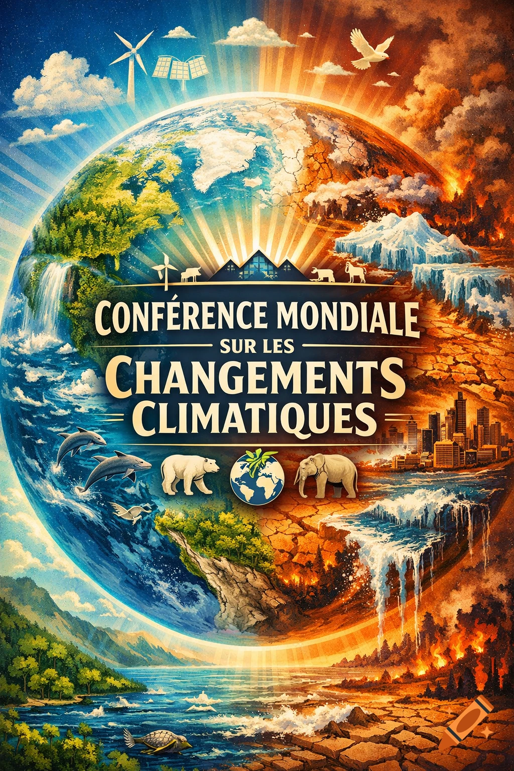 A vibrant poster illustrating a global climate change conference, featuring the Earth split between lush nature and a scorched, burning landscape.