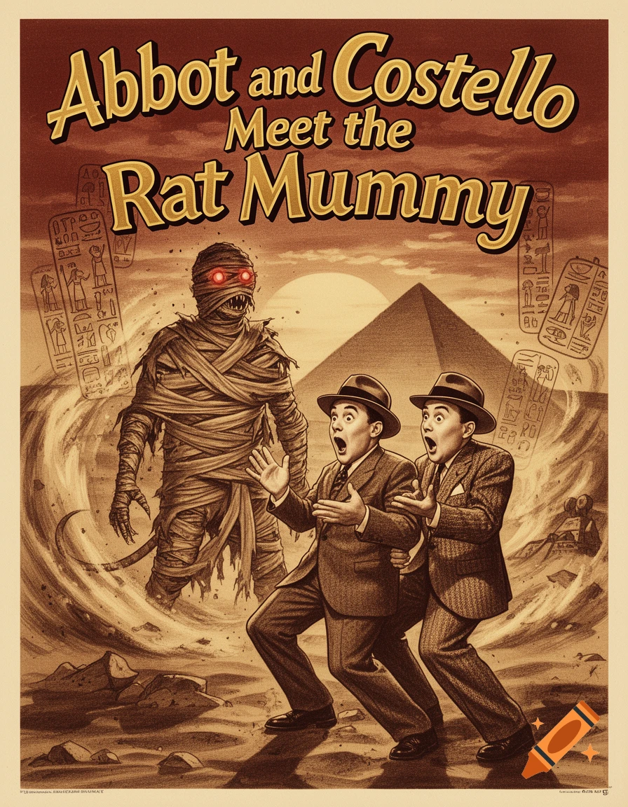 Vintage movie poster of Abbot and Costello looking terrified at a red-eyed mummy in a desert with a pyramid and hieroglyphs.