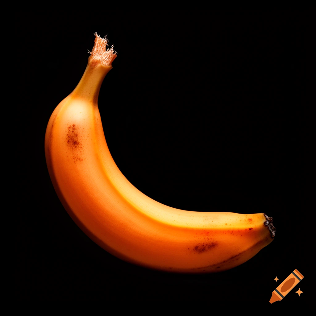 An orange-colored banana with some brown spots, illuminated against a stark black background.