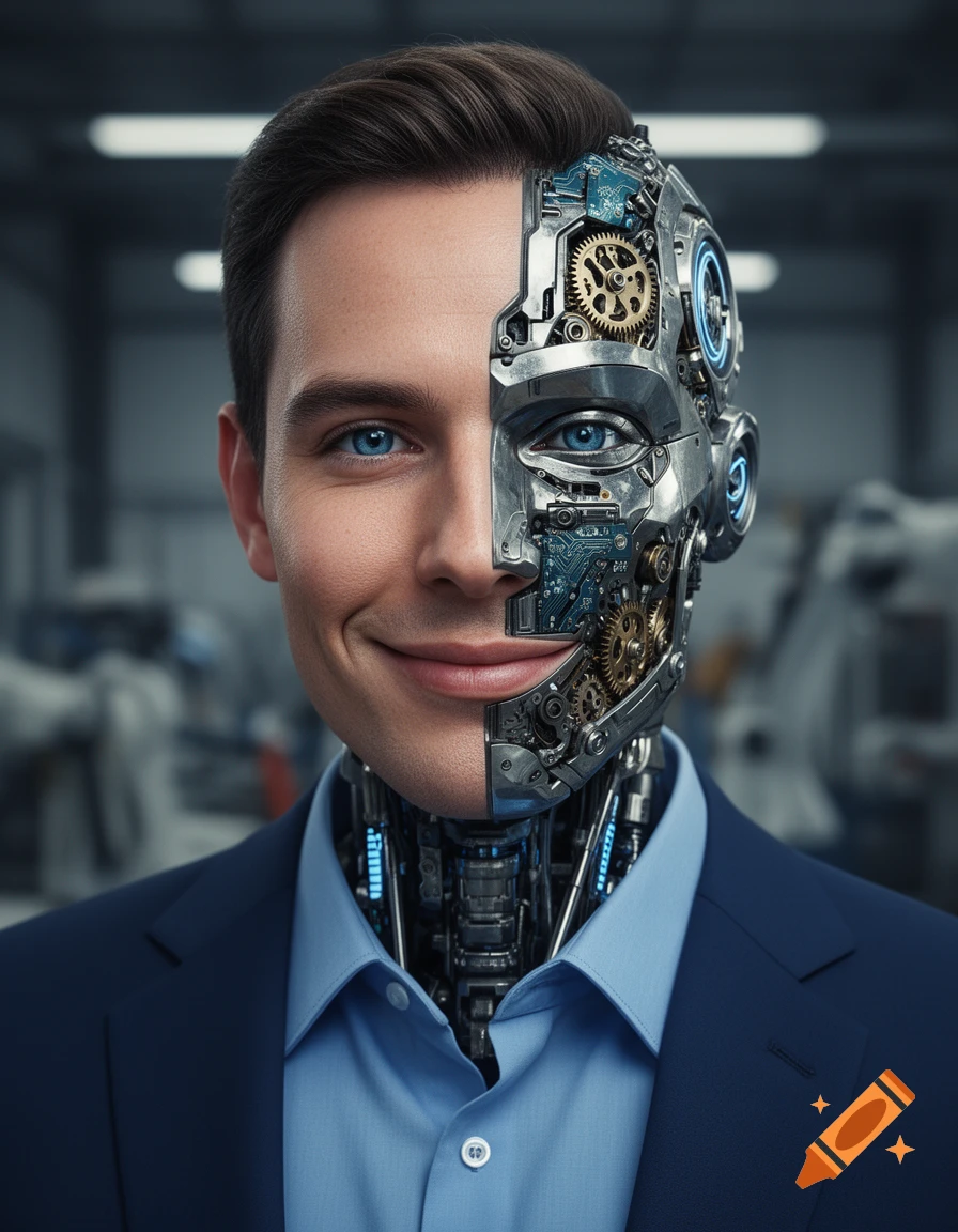 Close-up portrait of a man, half human face with blue eyes and a smile, half intricate robotic head with gears and circuits, wearing a blue business shirt and blazer.