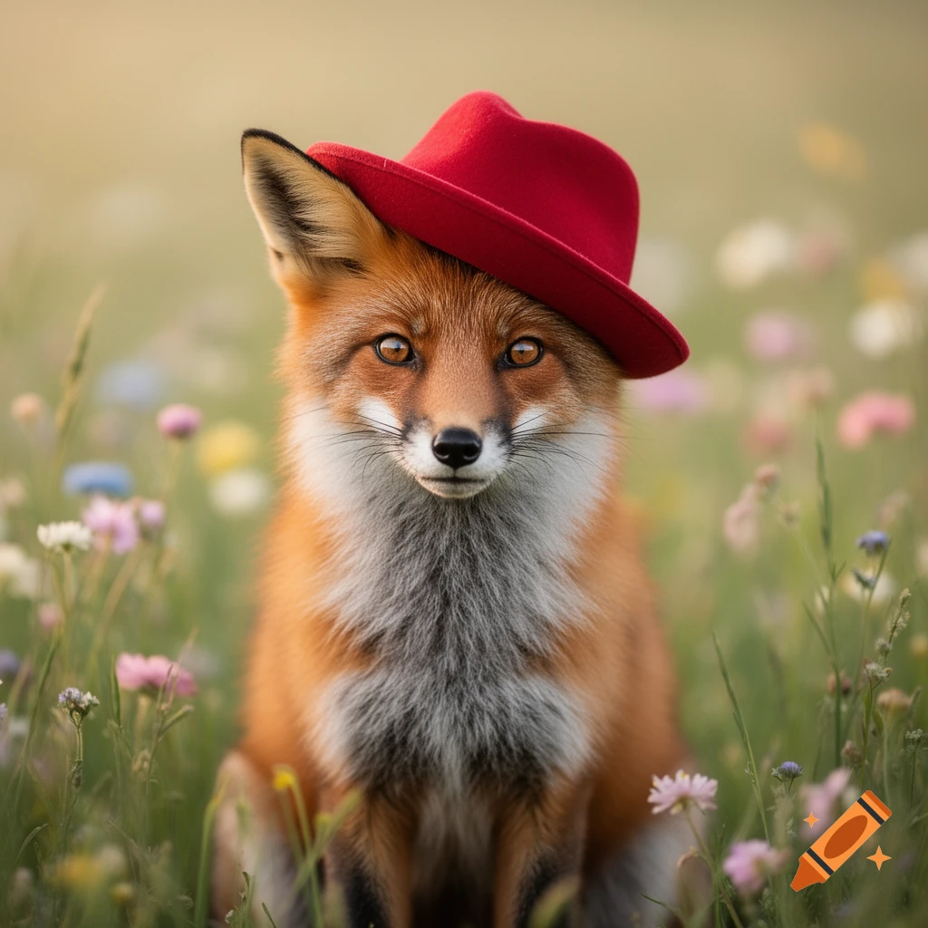 A photorealistic fox wearing a red hat, sitting amongst colorful wildflowers.