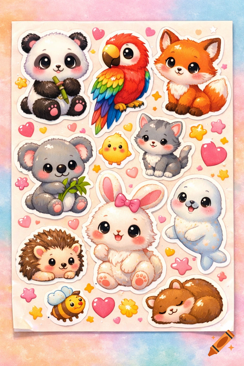 A sheet of colorful, cute cartoon animal stickers including a panda, parrot, fox, koala, cat, rabbit, seal, hedgehog, bee, and bear.