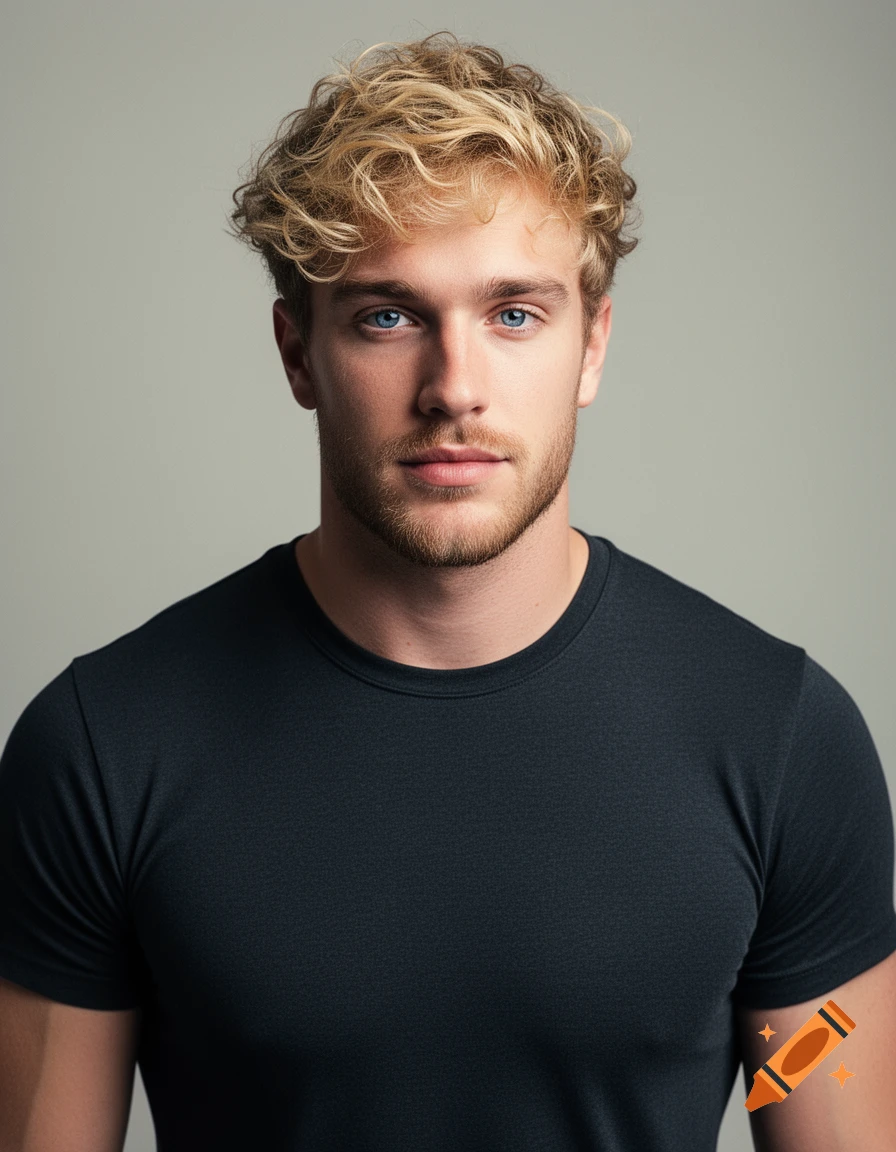 A close-up photorealistic portrait of a young man with curly blonde hair and blue eyes, wearing a black t-shirt.