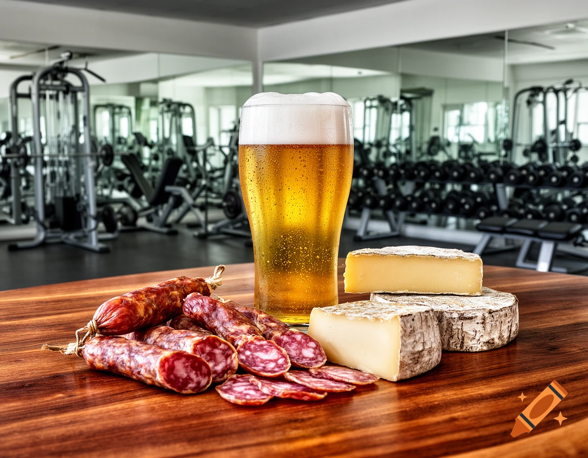 Photorealistic image of a glass of beer, sliced sausage, and cheese on a wooden table, with a gym in the background.