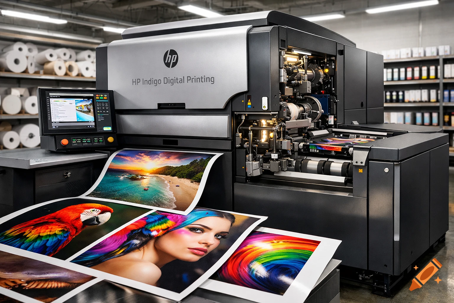 A large HP Indigo Digital Printing machine in a factory, with vibrant prints of a beach, a parrot, and a woman laid out.