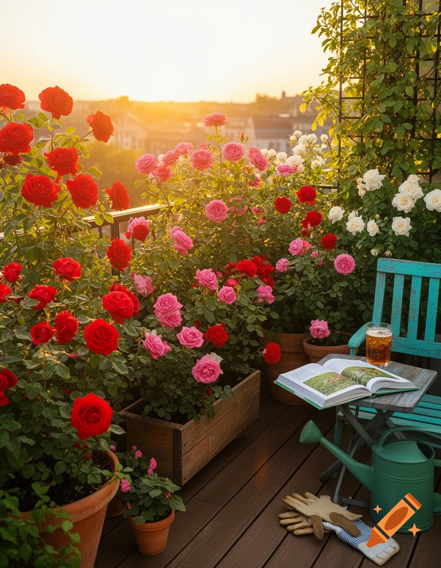 Vibrant red, pink, and white roses bloom in planters on a sunny balcony deck with a turquoise chair, an open book, and gardening tools, bathed in golden sunset light.