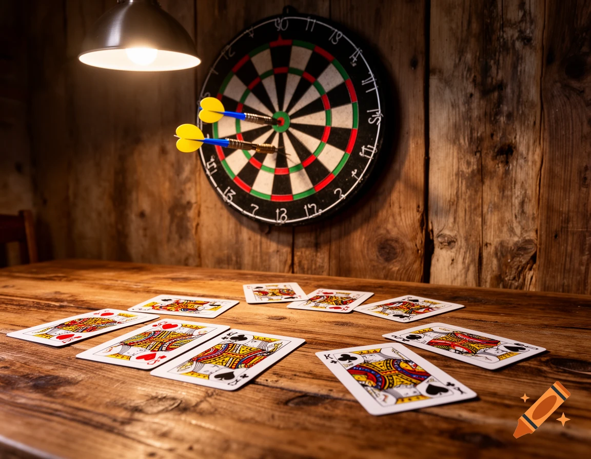 A dartboard with two darts stuck in it hangs on a wooden wall, illuminated by a lamp. On a wooden table below, several playing cards are spread out.
