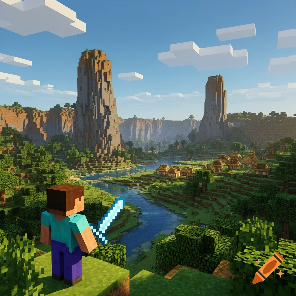 A Minecraft character with a diamond sword overlooks a blocky landscape ...