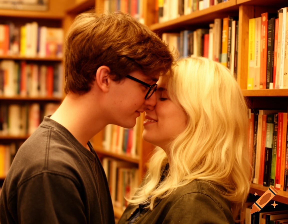 A boy with brown hair and glasses leans in to kiss a blonde girl in a warmly lit bookstore, surrounded by bookshelves.