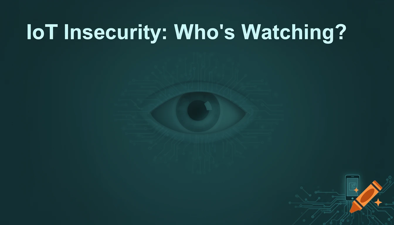 Stylized eye over circuit board with a phone icon; text reads 'IoT Insecurity: Who's Watching?' on dark teal background.