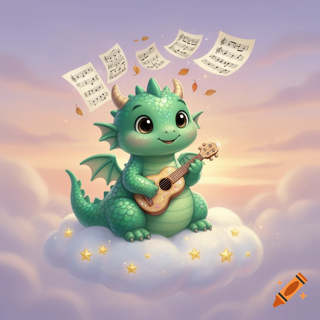 A cute cartoon green dragon sits on a cloud, playing a small ukulele. Musical notes and autumn leaves float in the air against a soft pastel sky.