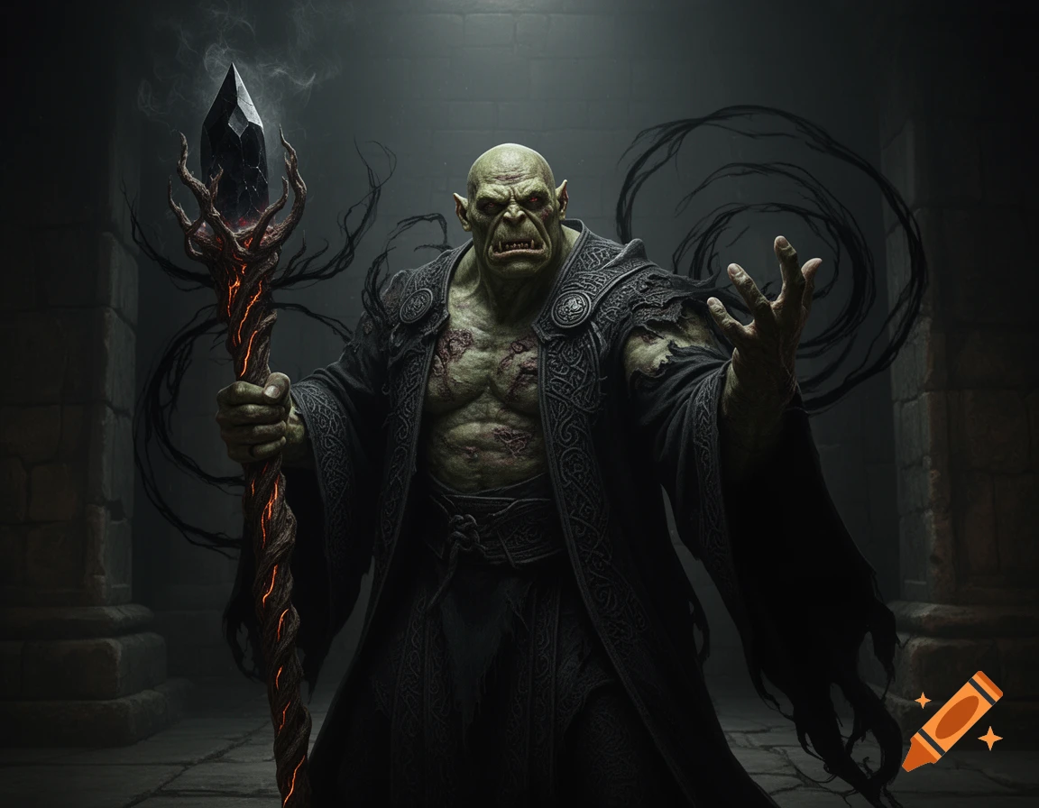 A muscular, green-skinned orc in dark robes holds a glowing necromantic staff, raising his left hand to conjure dark magic.