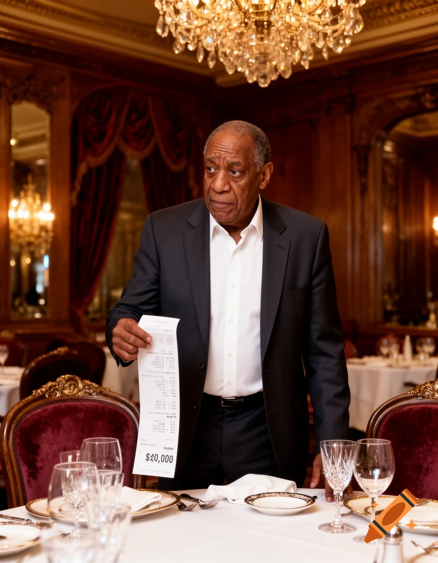 Bill Cosby, looking dazed, holds a long restaurant bill showing a total of $40,000 while standing at a fancy dining table.