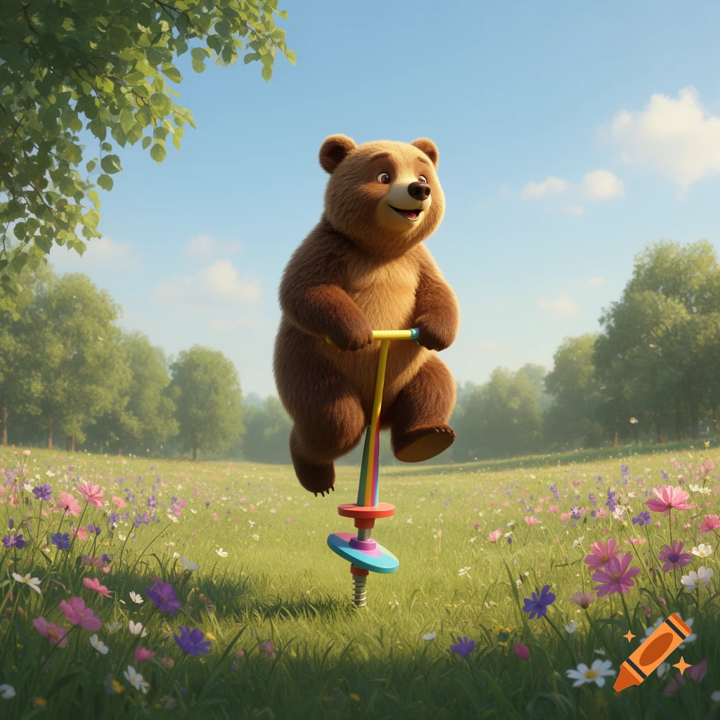 A cute brown cartoon bear joyfully bounces on a colorful pogo stick in a sunny green field filled with wildflowers, with trees in the background.