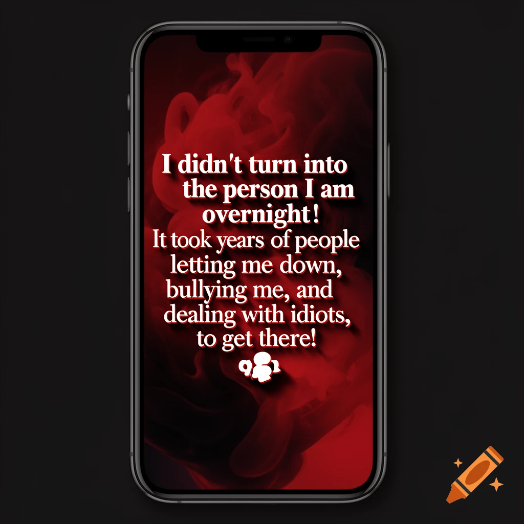 Smartphone displaying a dark red wallpaper with white text: 'I didn't turn into the person I am overnight! It took years of people letting me down, bullying me, and dealing with idiots, to get there!'