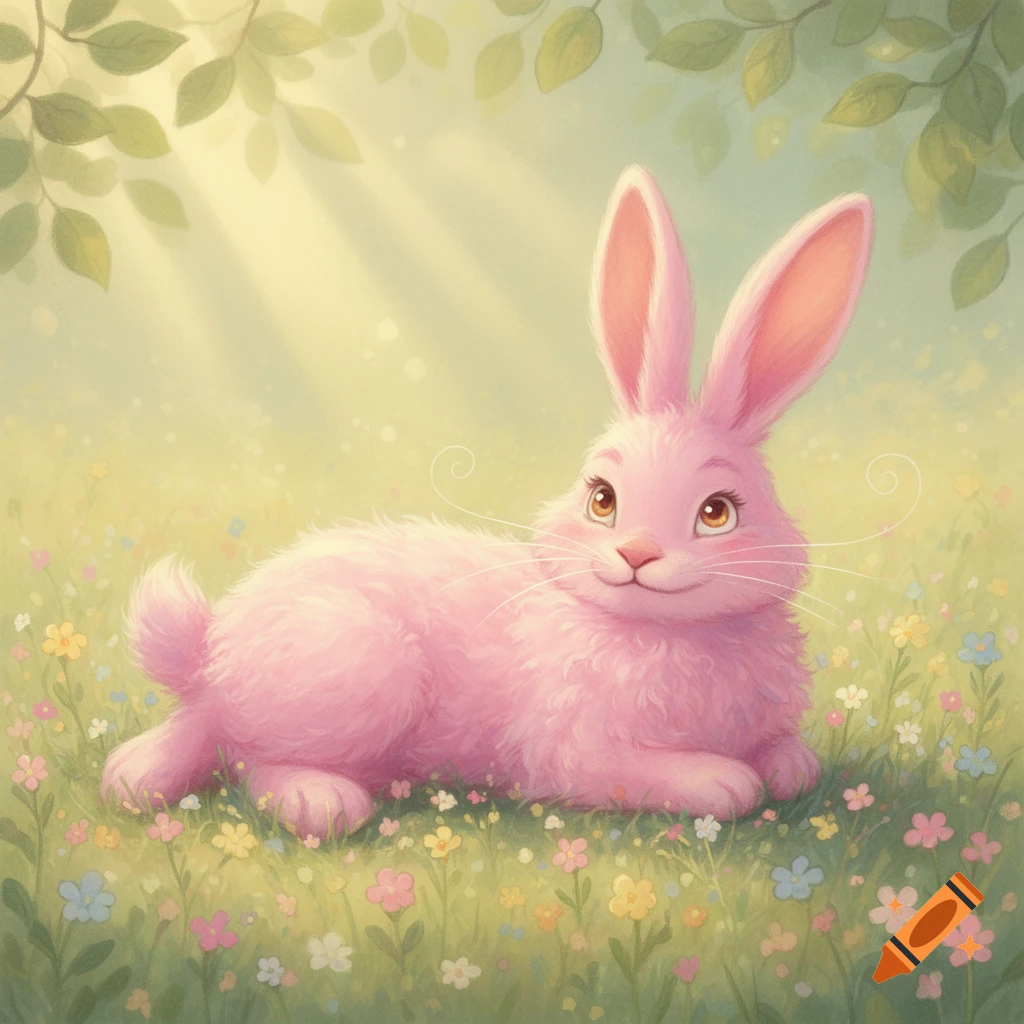 A cute pink bunny with large ears and a gentle smile lies in a field of colorful wildflowers under dappled sunlight.