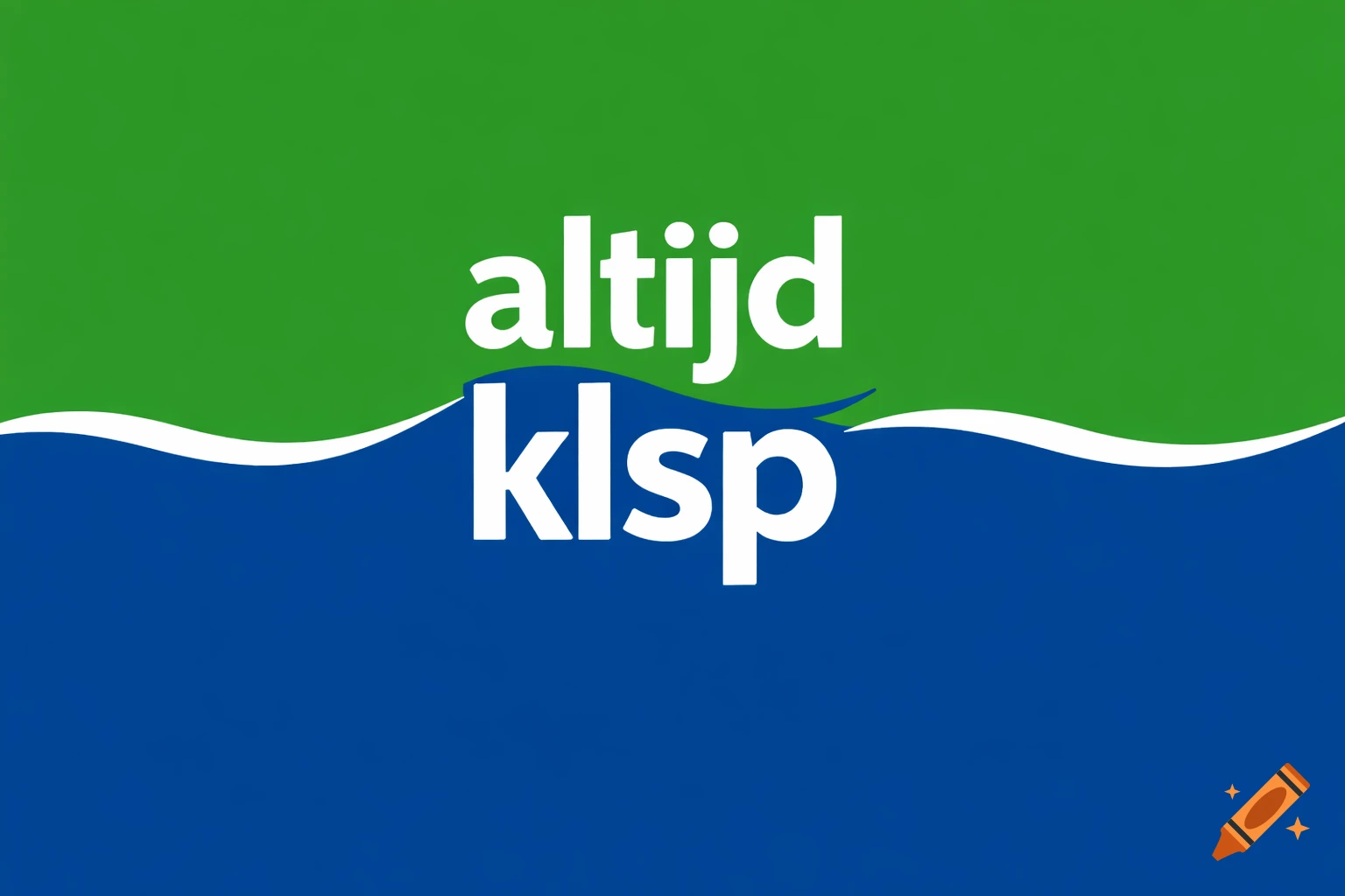 A flag with a green top half and a blue bottom half, separated by a white wavy line, featuring the white text 'altijd klsp' centered.