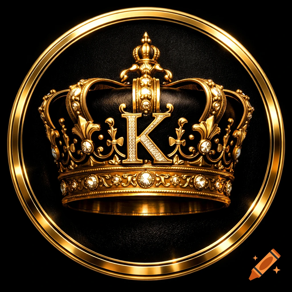 Photorealistic gold crown with a diamond 'K' on a black background, framed by a gold circle.