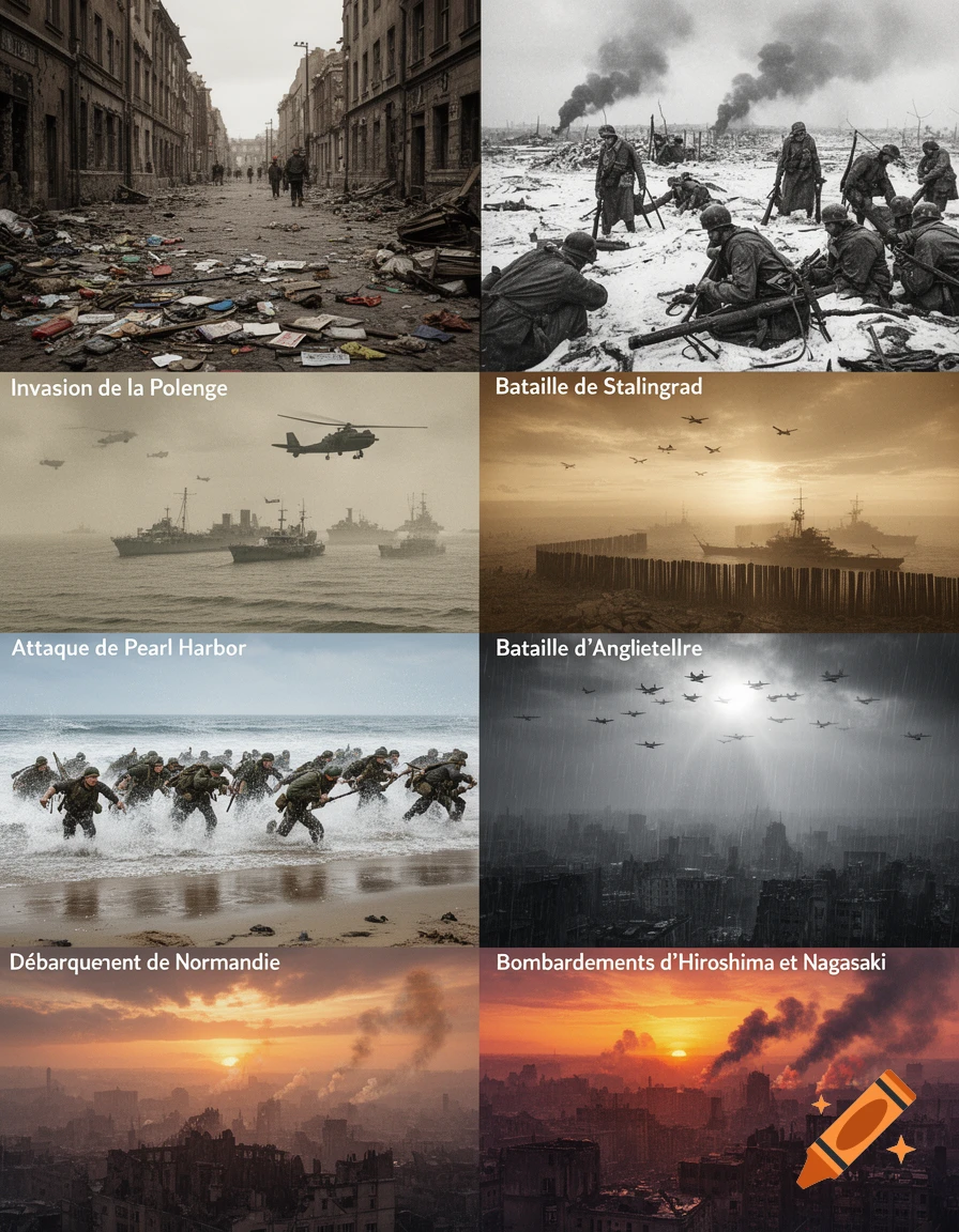 A six-panel collage of historical war scenes, depicting various battles and events, each with an overlaid title.