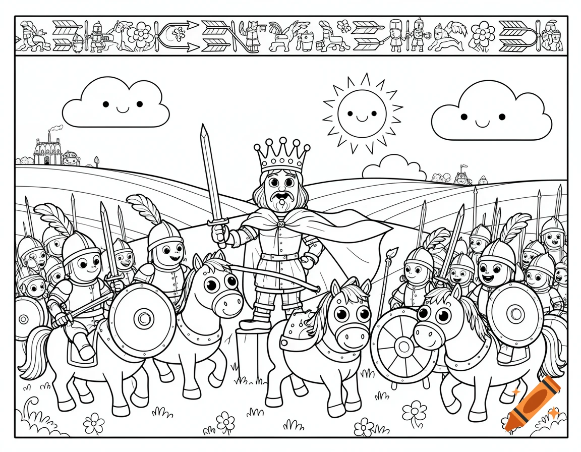 A black and white cartoon coloring page shows a king holding a sword, leading an army of knights on horses, with a castle and smiling sun in the background.