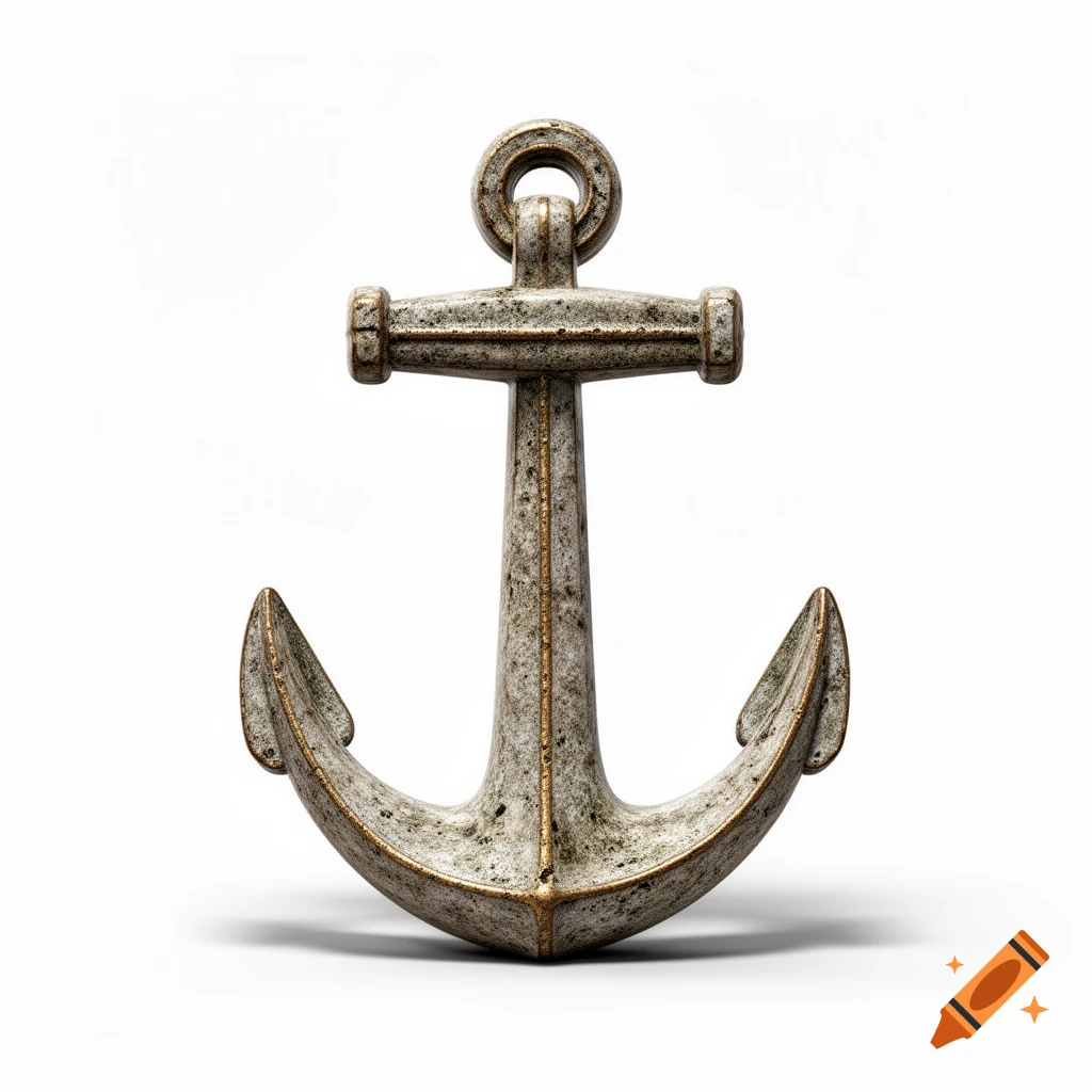A detailed, weathered statue of a ship anchor, made of bronze or stone, isolated on a pure white background.