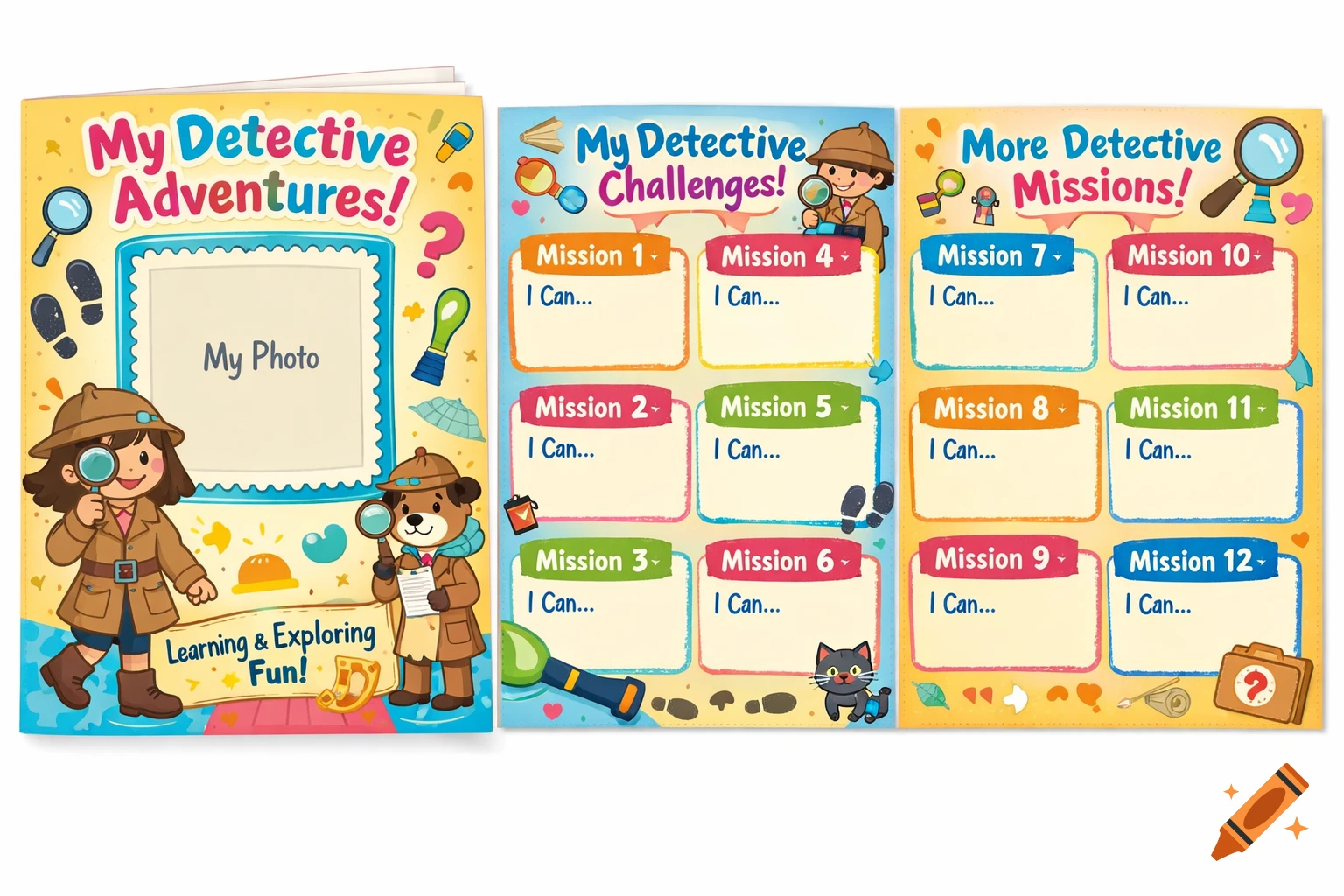 A colorful cartoon detective notebook featuring a girl and a bear dressed as detectives, with a photo frame and twelve mission boxes labeled 'My Detective Adventures!' and 'My Detective Challenges!'