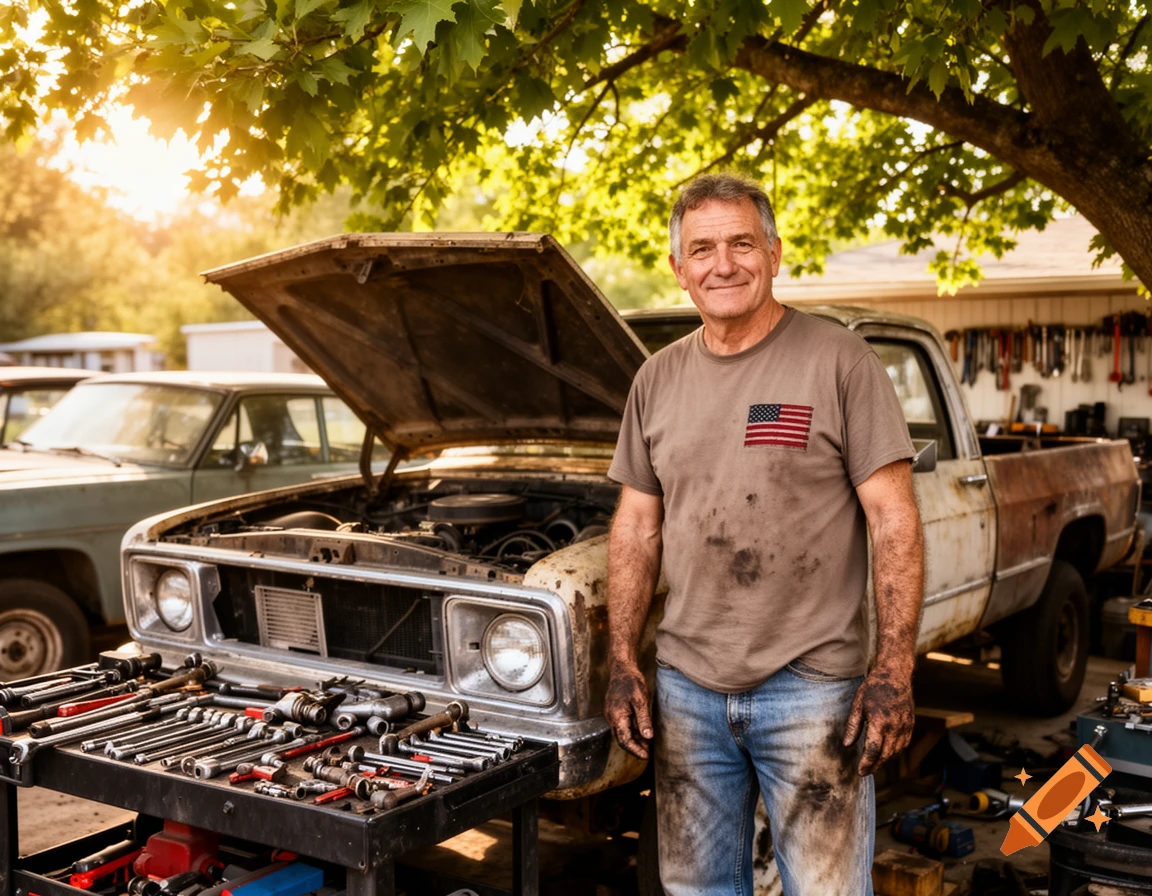 A smiling, dirty mechanic in a patriotic shirt stands by an old truck with an open hood and a toolbox under warm sunlight.