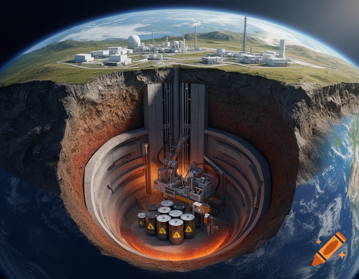 Photorealistic cutaway of Earth showing a nuclear power plant on the surface and barrels of nuclear waste stored deep underground.