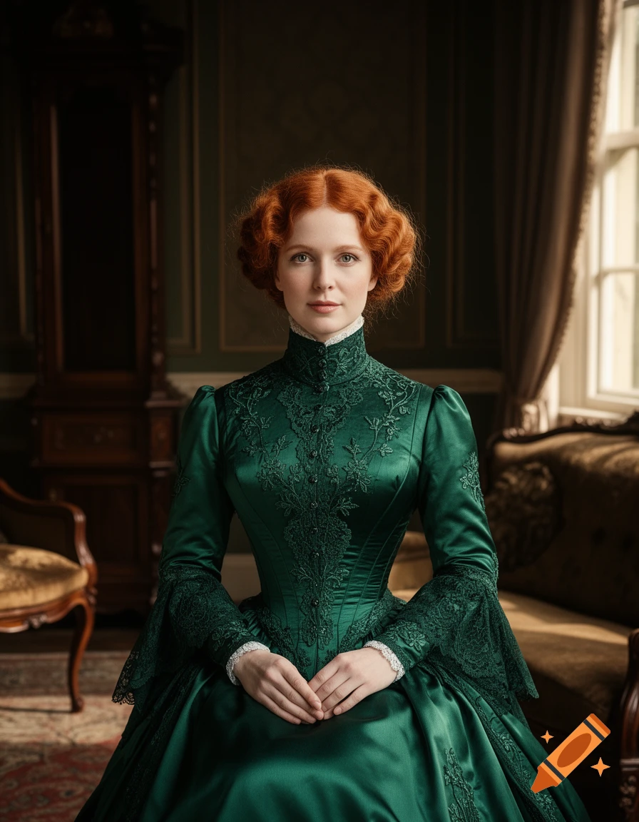 A red-haired woman with grey eyes in an elegant green Victorian dress, seated in a dimly lit room with vintage furniture.