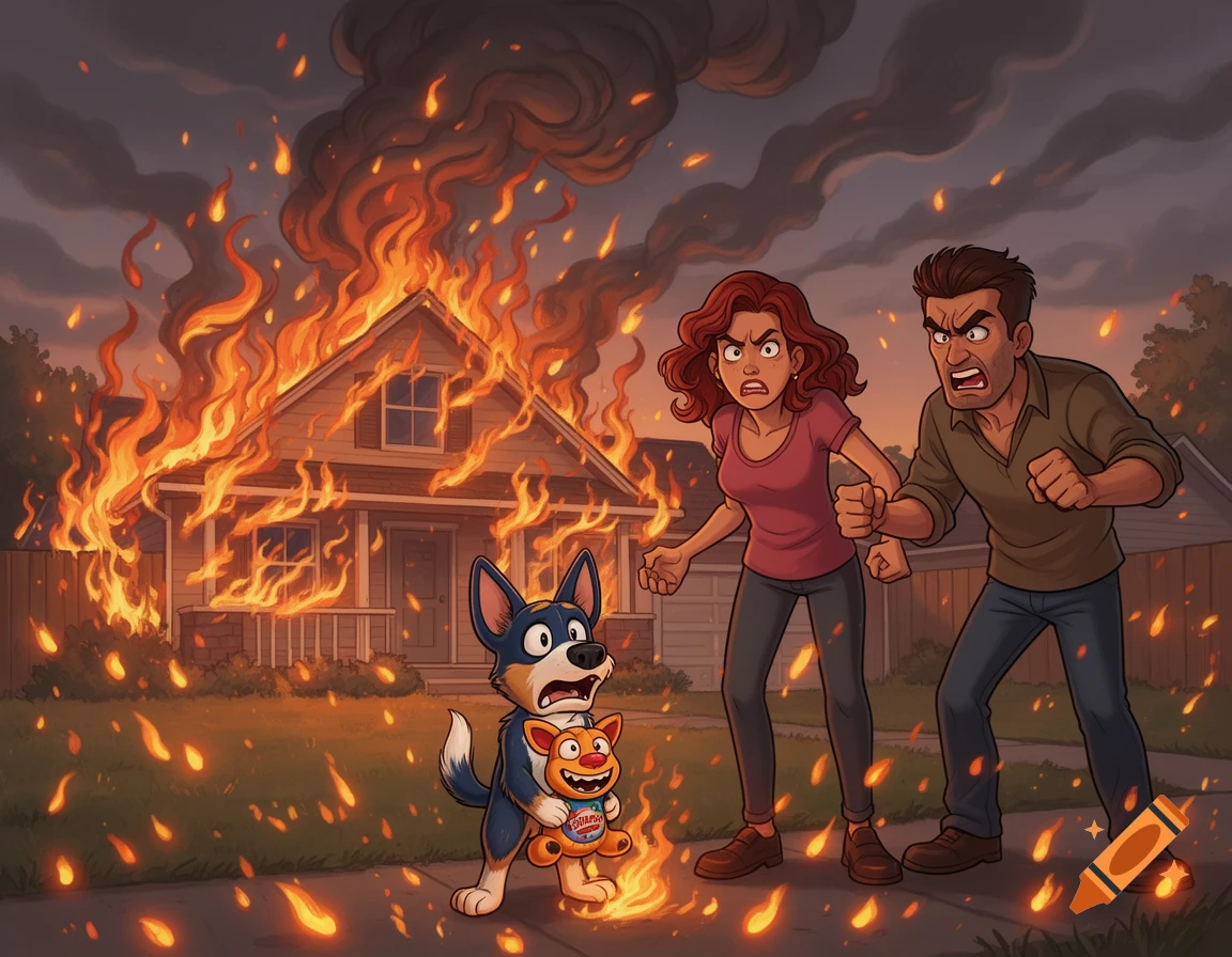 A cartoon house engulfed in flames as a distraught dog clutches a toy, while two angry adults stand nearby, all looking distressed.