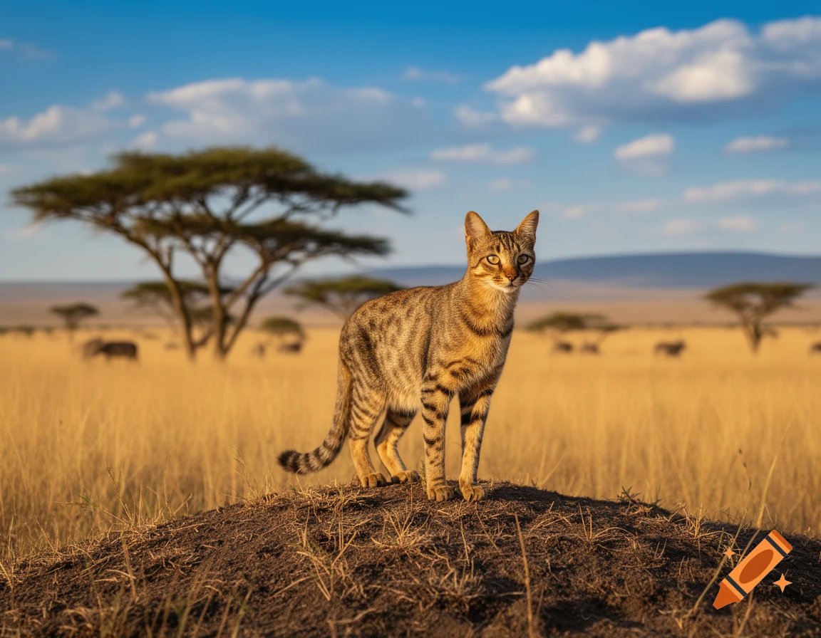 A striped wildcat stands on a dirt mound in a golden savanna with acacia trees under a blue sky.