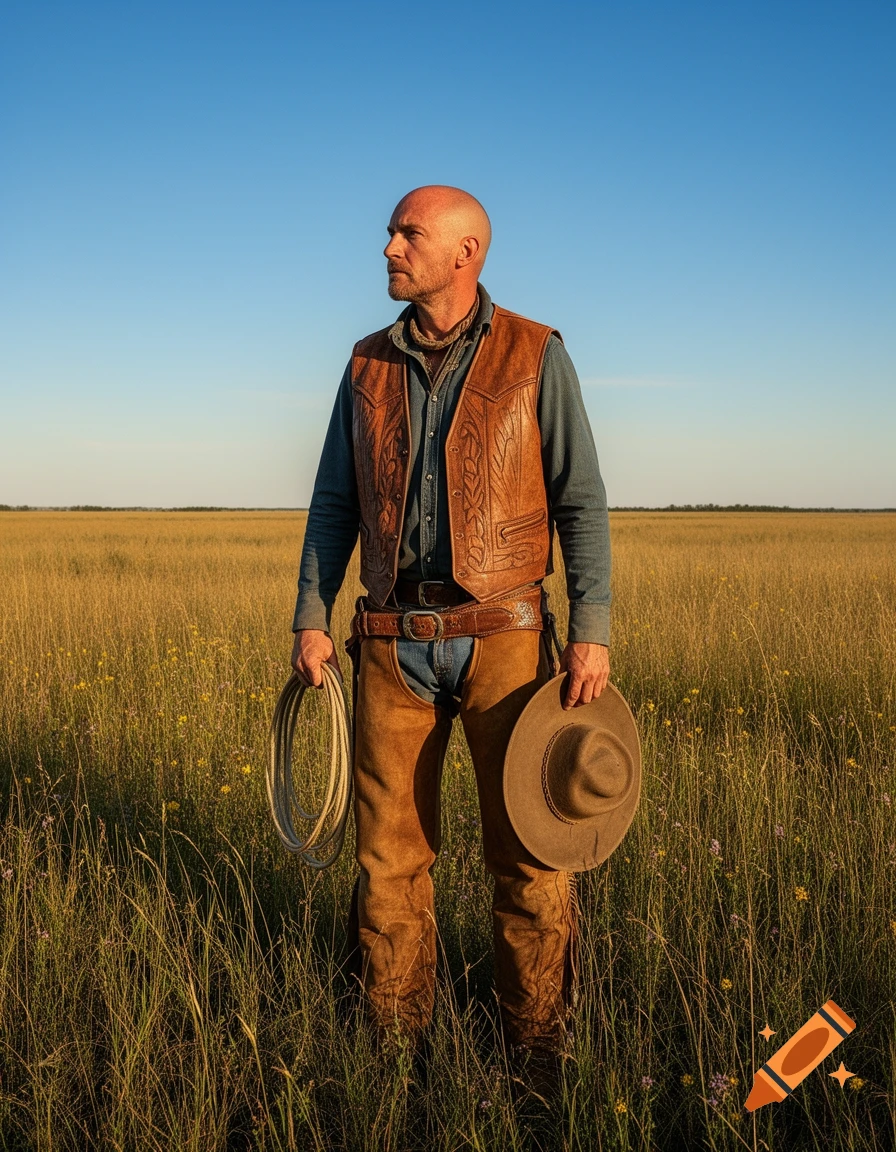 A bald cowboy in a vest and chaps stands in a golden field, holding a rope and hat, under a clear sky.