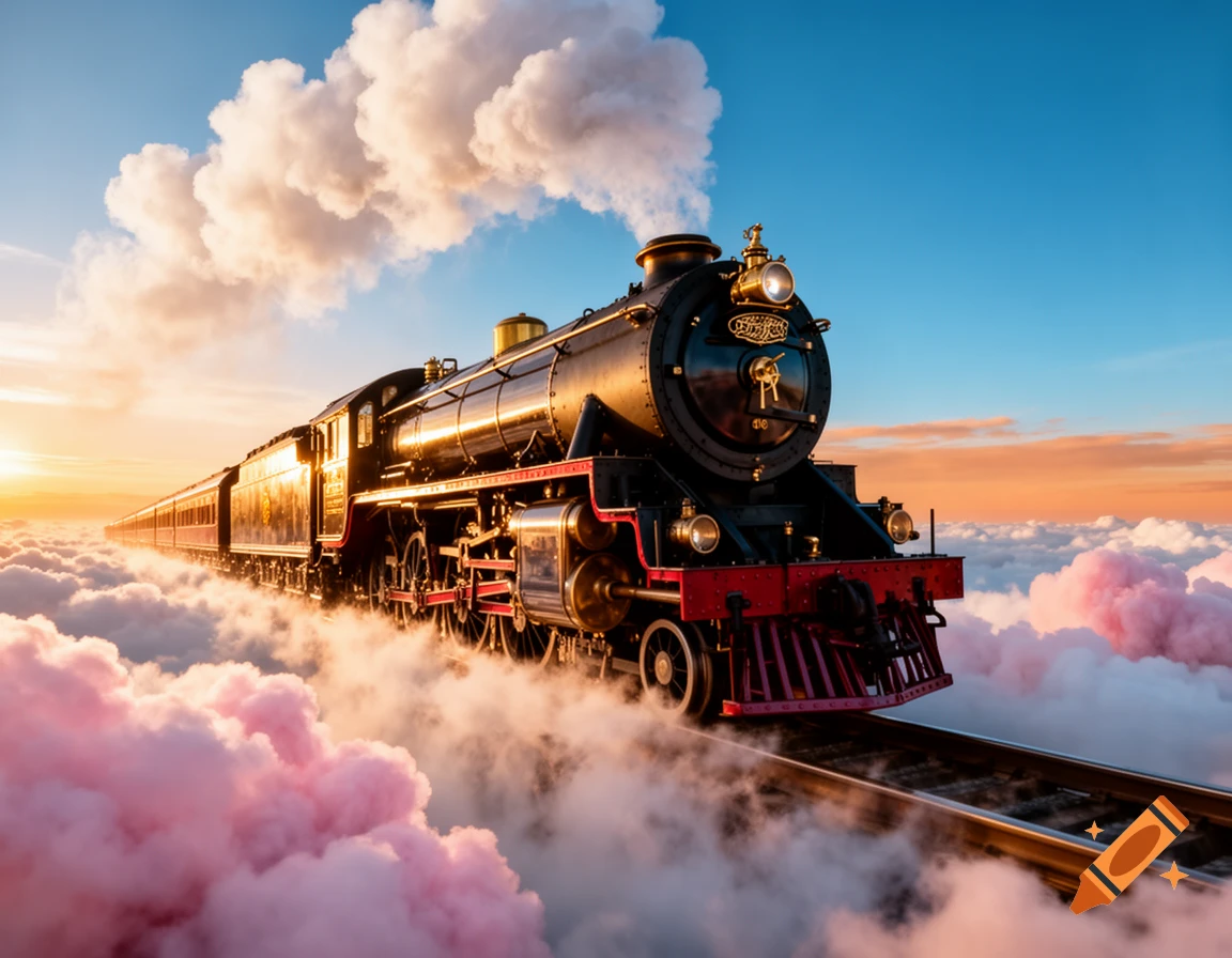 A black and gold steam train with red accents rides on tracks through a sea of pink and white clouds at sunset.