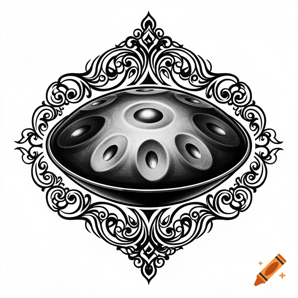 A stylized black and white handpan musical instrument in an ornate, symmetrical frame.