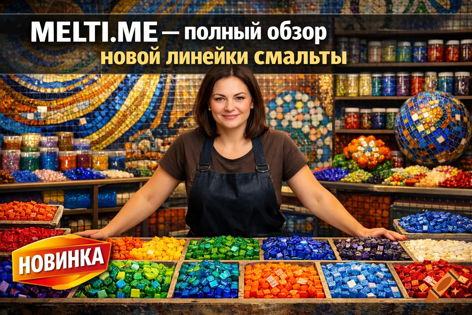 A smiling woman stands behind a counter with various colorful mosaic tiles and jars, with a 'MELTI.ME' YouTube preview title.